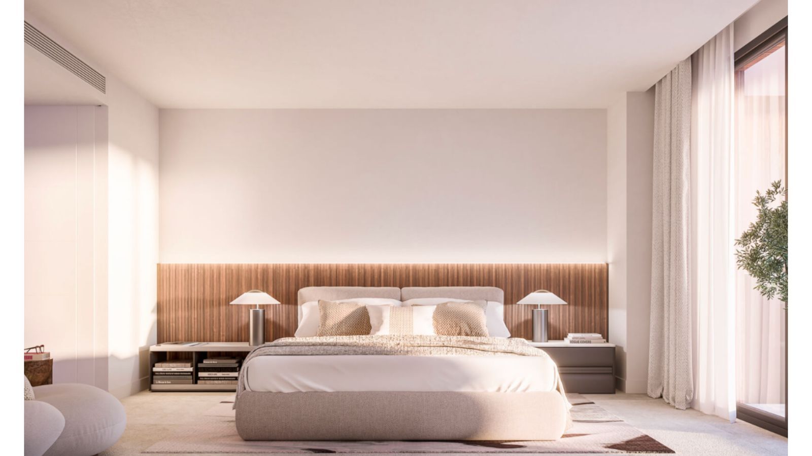 Moderna sovrum med minimalistisk design och trädetaljer